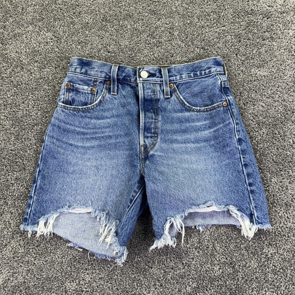 Levis Shorts Womens 25 Blue 501 High Rise Distressed Denim Cutoff Frayed Summer